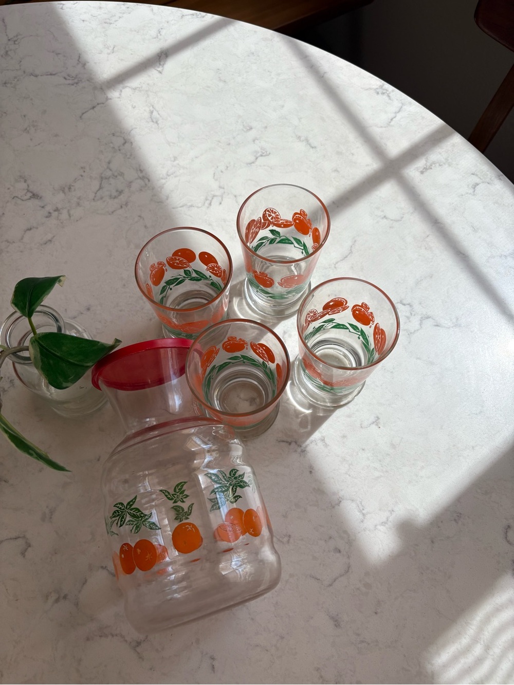 Vintage Pyrex Orange Print Glass Carafe and Tumbler Set - Clear and Orange